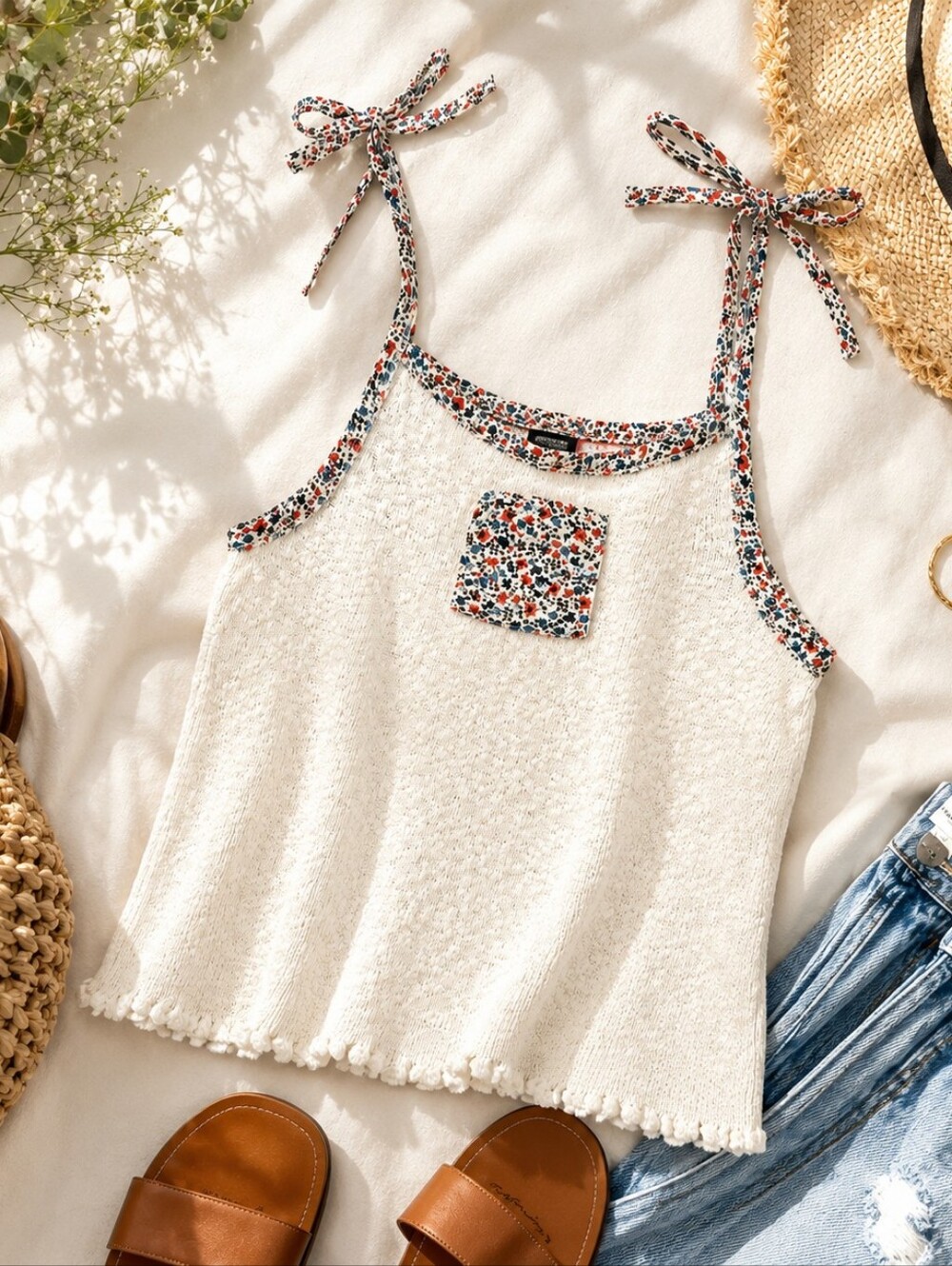 Y2K Cottagecore Cotton Knit Tank Top Floral Trim Tie Straps Boho Cami Medium